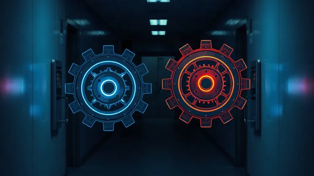 Two interlocking translucent gears symbolizing automated prior authorization systems in tension inside a hospital setting.