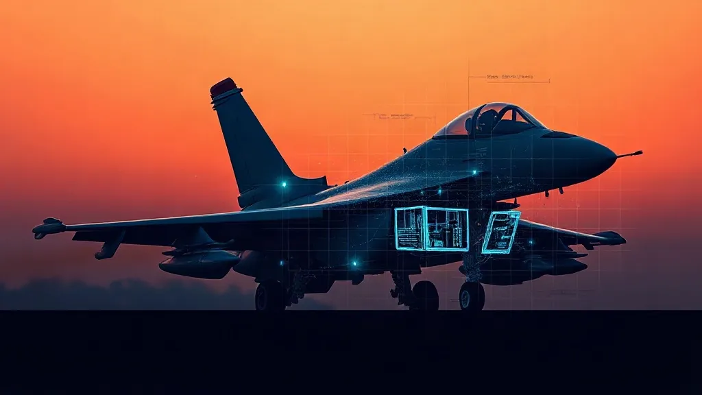 An aircraft silhouette overlaid with a translucent diagnostic light grid against a dawn sky, symbolizing AI assurance in aviation.