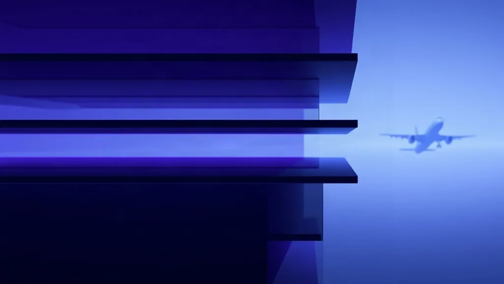 Layered translucent glass panels filtering light toward a faint aircraft silhouette, symbolizing staged certification barriers in aviation.