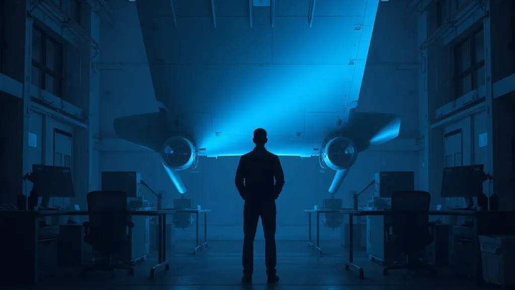 An engineer alone in a large aerospace structural test lab, dwarfed by the scale of the facility around them.