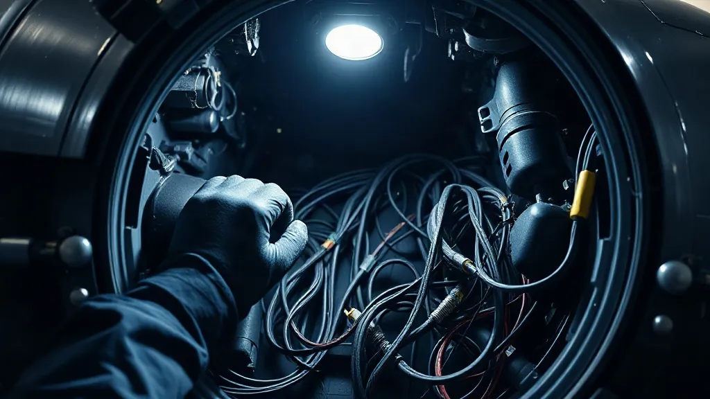 A technician inspects intricate aircraft wiring under focused light, evoking the meticulous verification work behind autonomous flight systems.