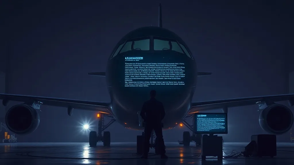 A maintenance technician reviews a glowing tablet displaying technical directives beside a parked aircraft in a hangar.