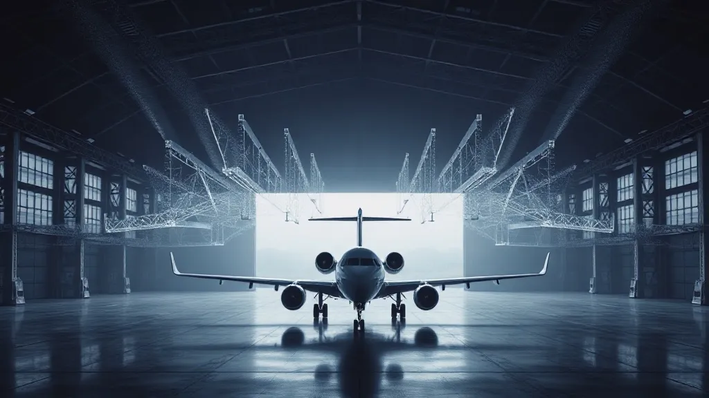An aircraft silhouette dissolving into branching translucent pathways inside an industrial hangar, symbolizing autonomous decision paths outrunning fixed inspection routes.