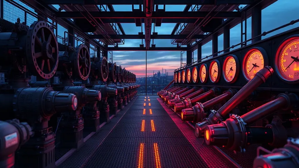 Industrial machinery blending into glowing circuit patterns to represent AI systems taking direct control of physical operations.