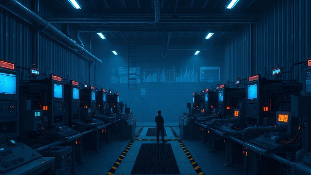 A lone human figure stands at a distance in a dim industrial control floor while machinery operates autonomously under blue and amber lights.