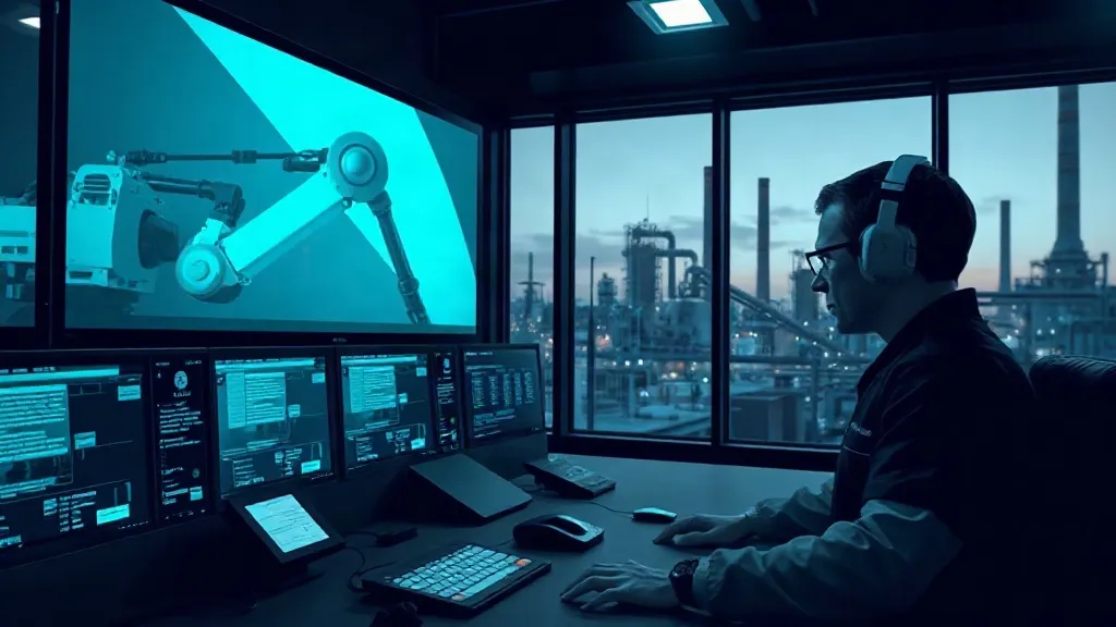A refinery control room at dusk with a technician watching monitors while a robotic arm operates on piping visible through the window outside.