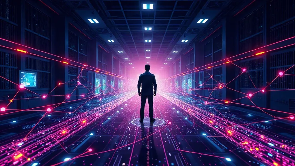 Abstract depiction of branching digital pathways converging on a human figure on a factory floor, symbolizing agentic AI decisions routed to human oversight
