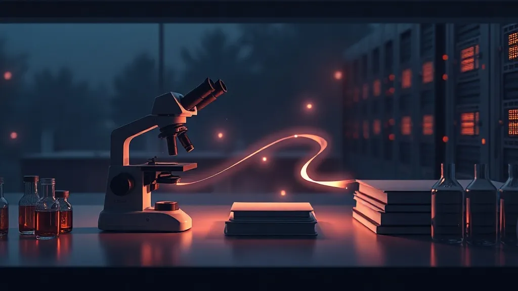 A laboratory bench with a glowing data trail connecting scientific instruments to a server rack, symbolizing agentic AI embedded in drug discovery.