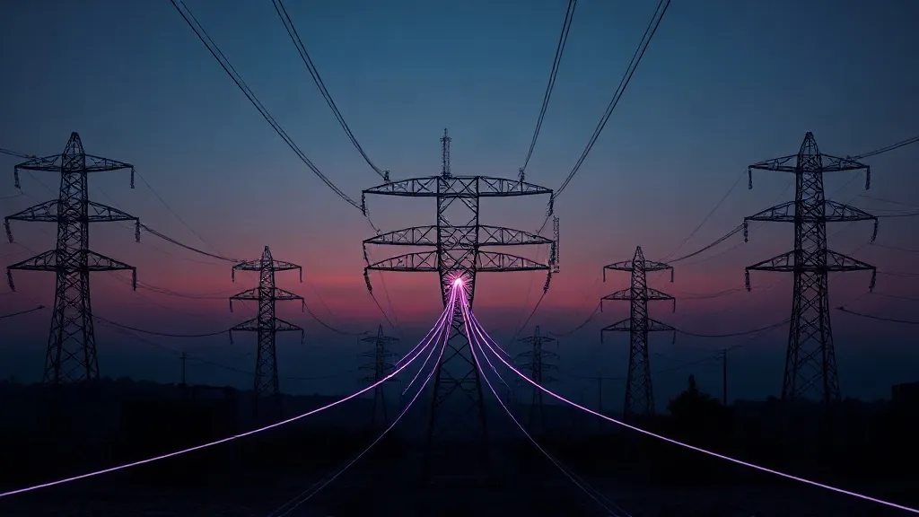 Transmission lines converging on a substation junction at dusk, symbolizing the contractual seam where autonomous energy systems meet the grid.