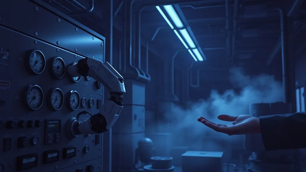 A robotic arm reaches toward an industrial control panel while a human hand hovers nearby in a dim, blue-lit control room.