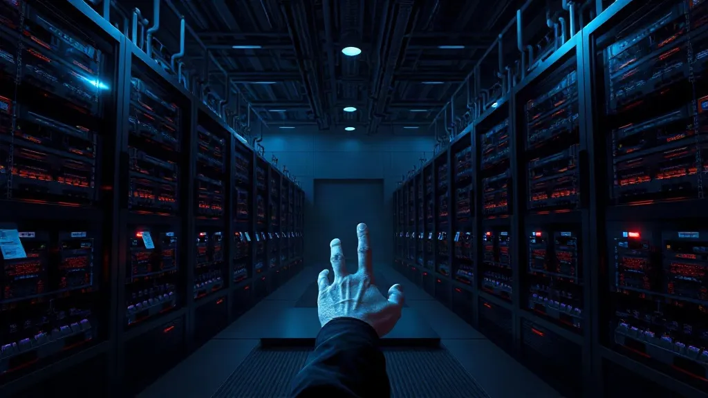 A lone operator's hand rests on an industrial control panel surrounded by glowing server infrastructure in a dim factory control room.