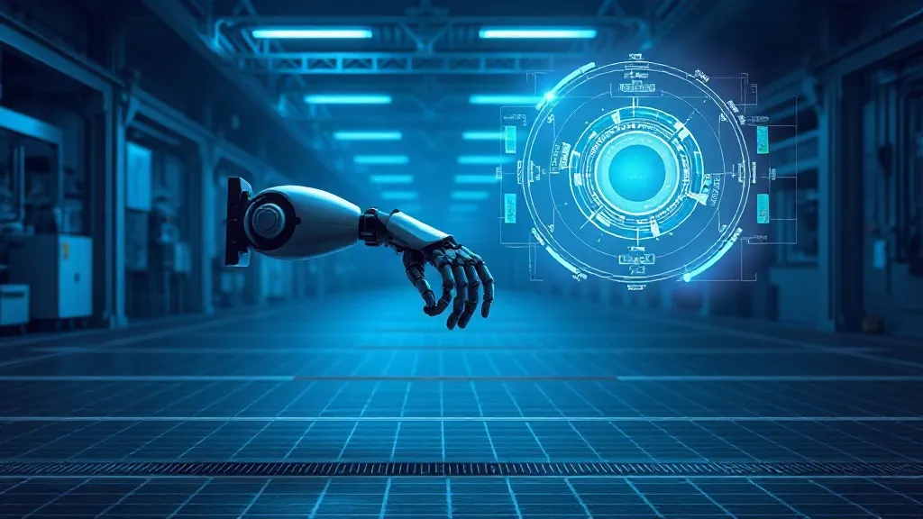 A robotic arm interacts with a glowing holographic engineering diagram on a factory floor, symbolizing certified AI oversight in industrial engineering.