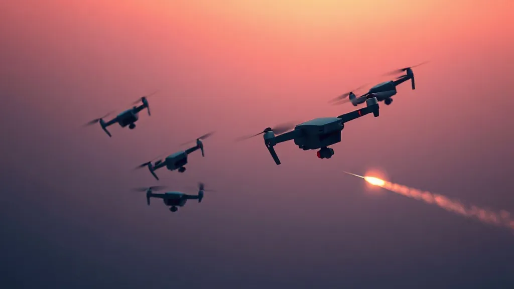A formation of metallic drones against a dawn sky with one drone breaking away on a divergent path.