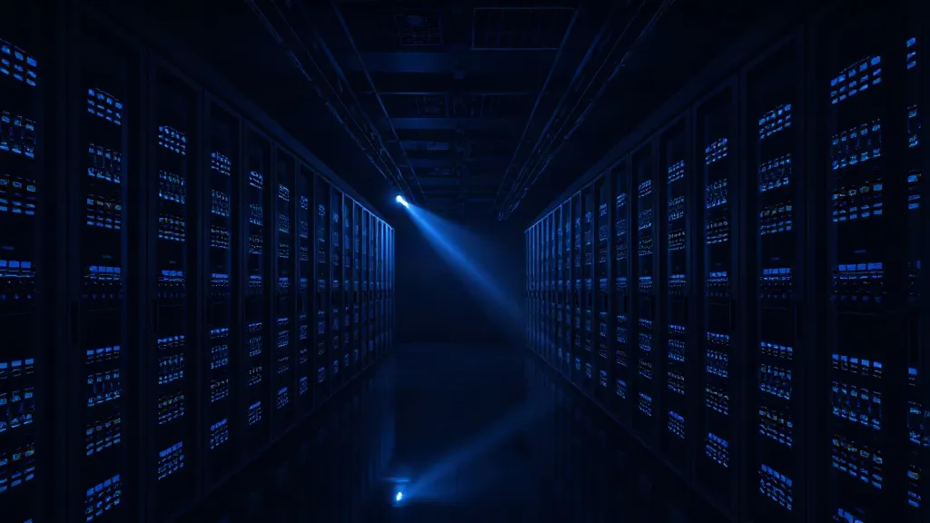 Rows of server racks in a dim hospital data center, lit by a single shaft of light, evoking unmonitored AI systems running in the background.