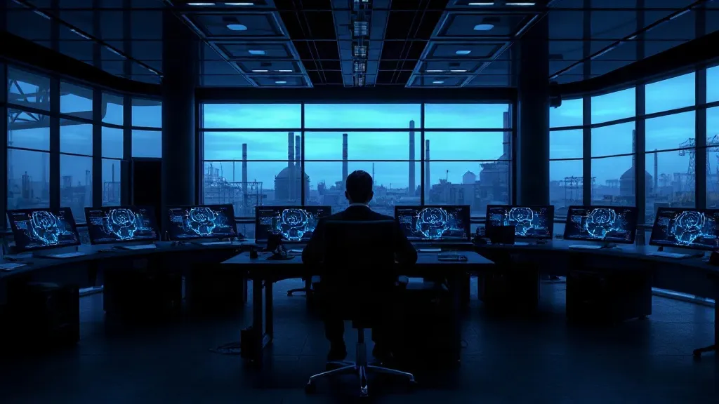 An empty utility control room with turbines visible through the window, symbolizing autonomous AI control of energy infrastructure.