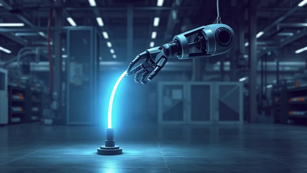A robotic arm on a factory floor tethered by a glowing cable to a fixed anchor point, symbolizing bounded machine authority.