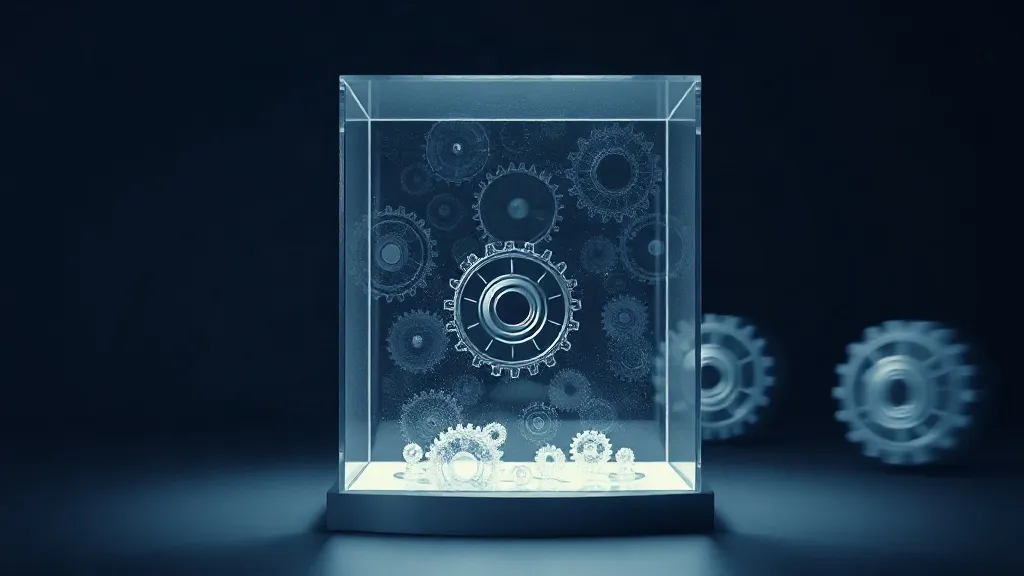 A frozen gear inside a sealed case contrasted with identical gears in motion outside it, symbolizing static design controls against continuously changing AI models.