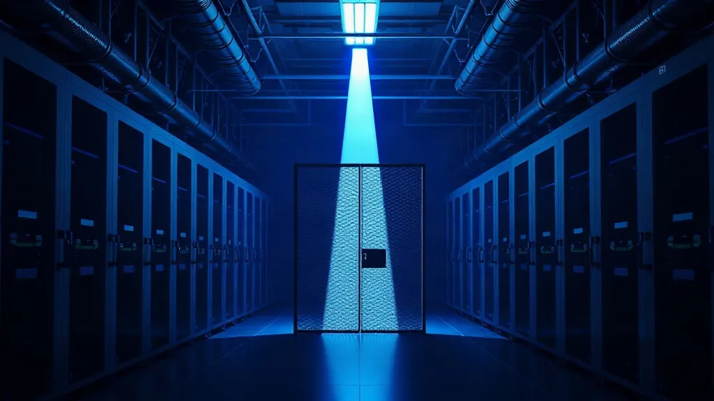 A darkened industrial control facility with a locked gate separating two sections of machinery, lit by a single diagonal beam of light.