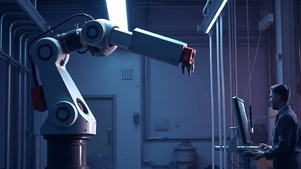 An industrial robotic arm operating near a technician on a factory floor under blue overhead lighting.