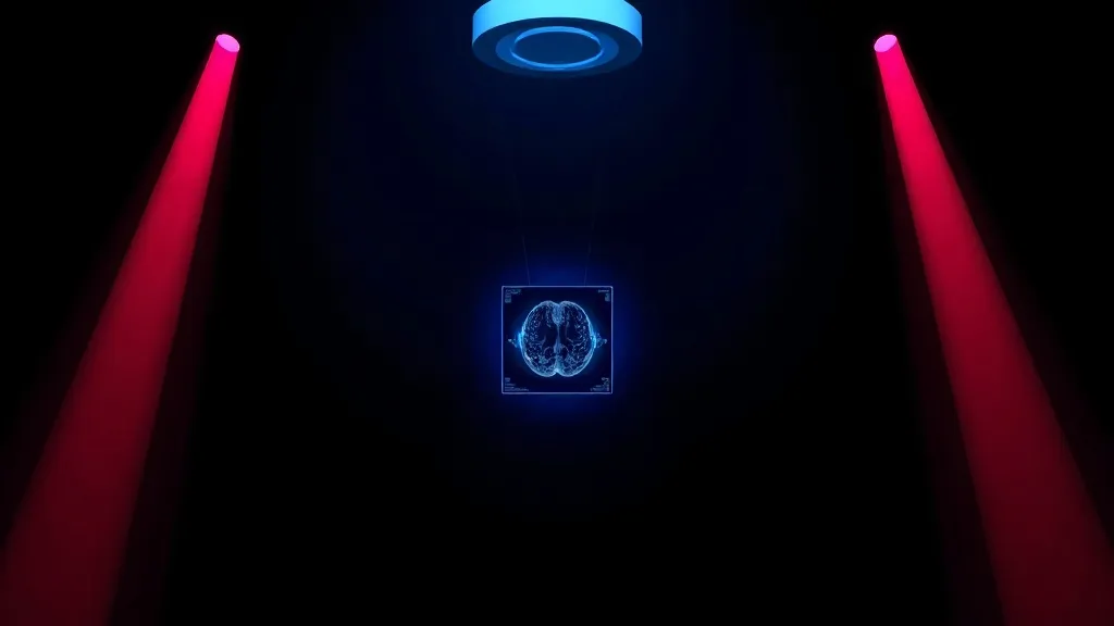 Three distinct colored light paths converging on an abstract glowing medical device against a dark background.