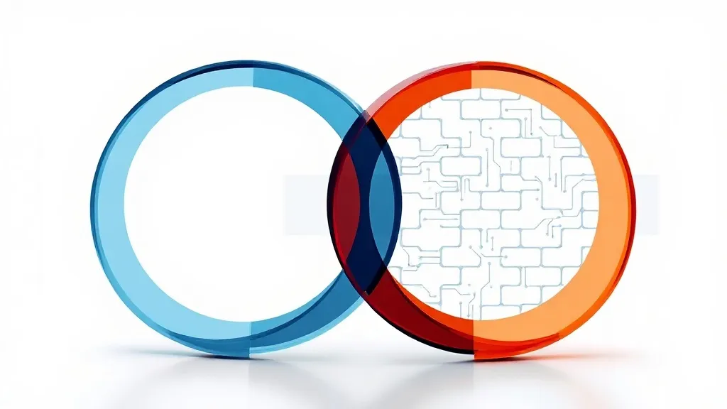 Abstract image of two intersecting light arcs, one medical and one technological in form, with a visible unaligned gap between them.