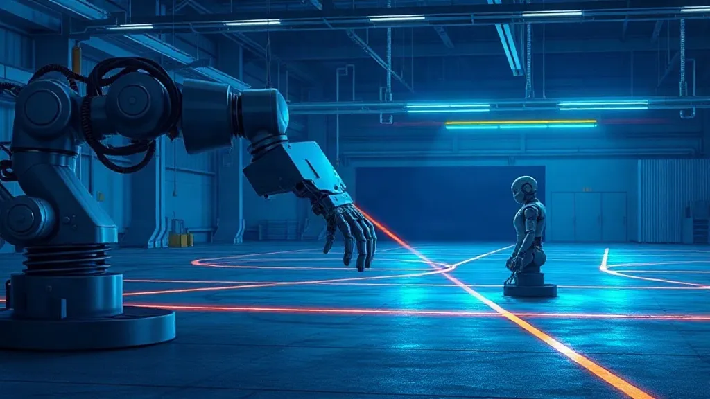 An industrial humanoid robot and robotic arm operate on a factory floor with visible safety laser scanner beams.