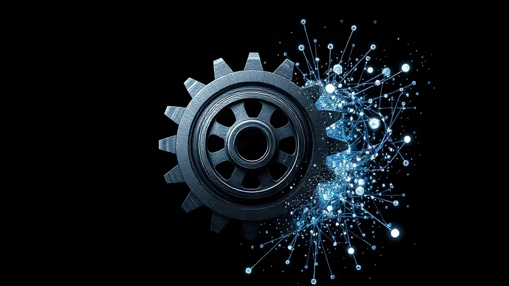 A steel gear meshing with an abstract glowing data lattice, symbolizing certified process meeting uncertain AI output.