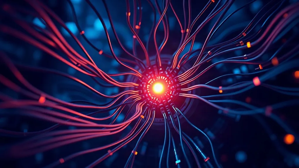 Abstract close-up of aircraft wiring converging at a glowing junction, symbolizing autonomous code entering a certified system