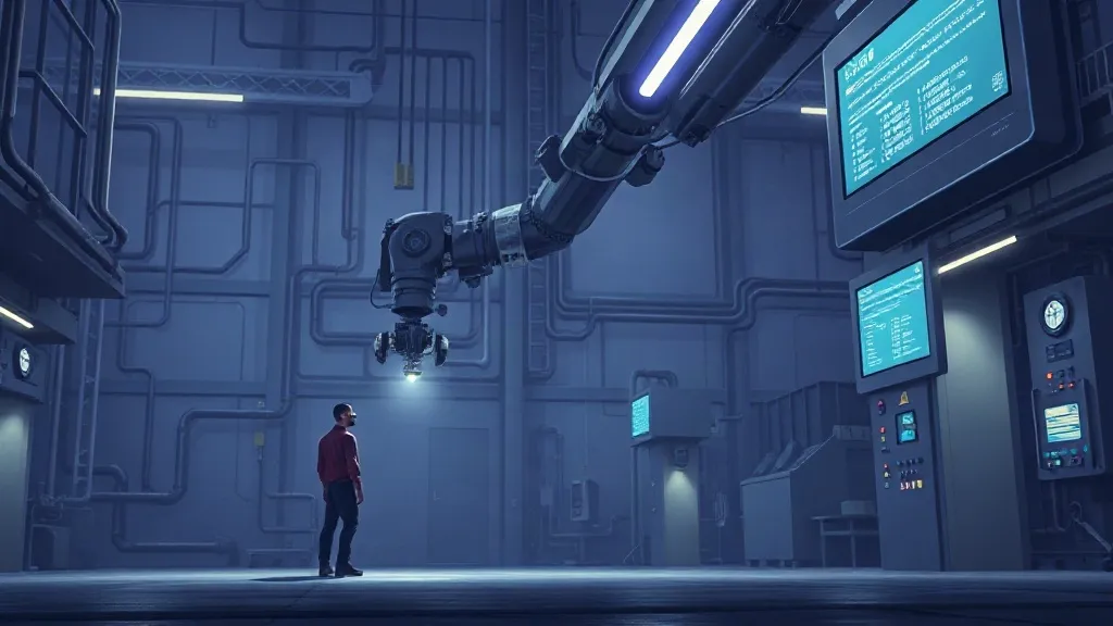 A worker beside an industrial robotic arm connected by faint glowing threads suggesting transmitted knowledge.