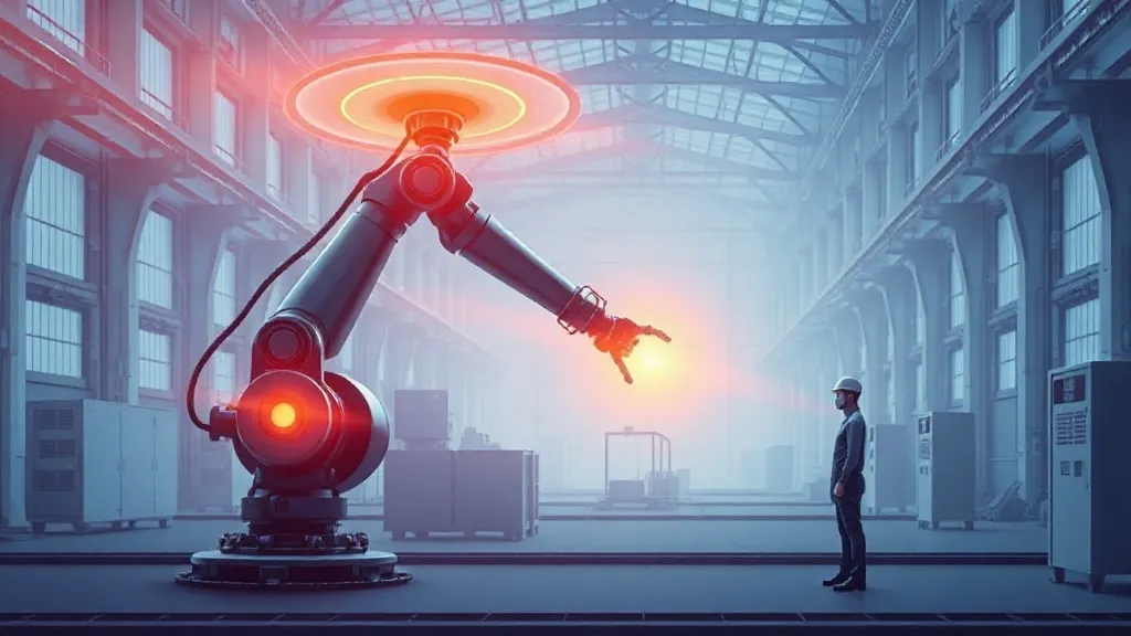 An industrial robotic arm halted by sensor-triggered safety systems while a worker stands nearby on a factory floor.