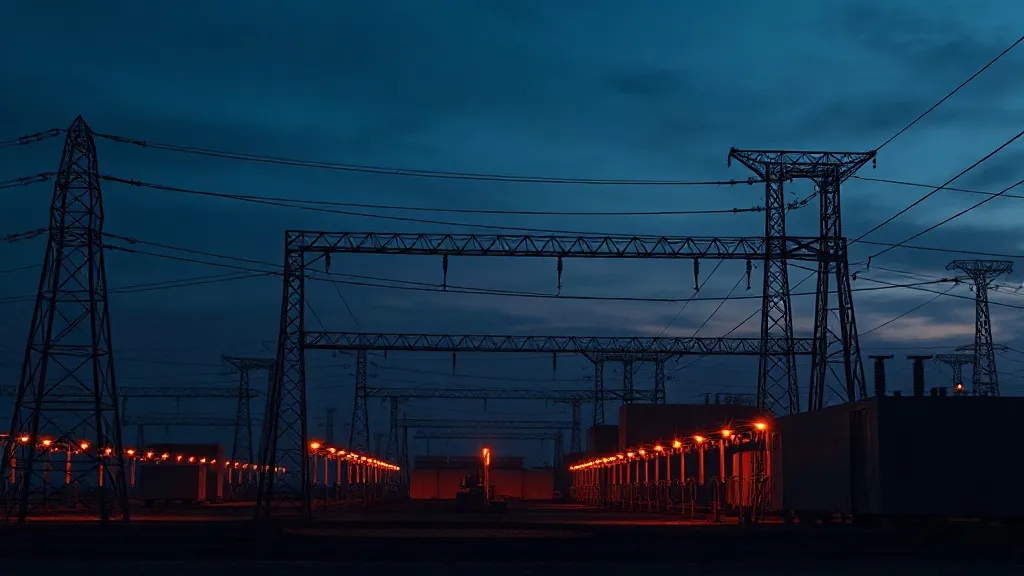 A power substation at dusk with faint light trails connecting transformers and storage units, suggesting automated grid coordination.