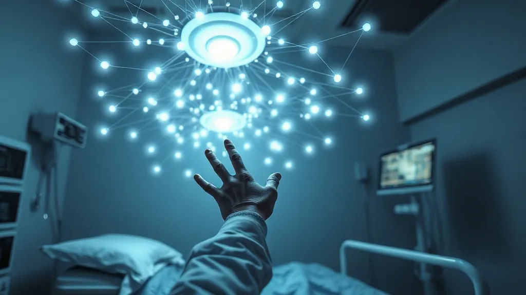 A clinician reaches toward a glowing network of data nodes, half crisp and half dissolving into static, above a hospital bed.