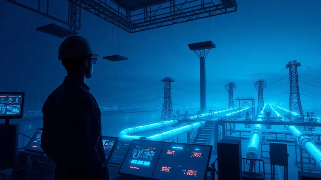 An engineer stands before an illuminated industrial control room where glowing data trails connect sensors across a power substation at dusk.