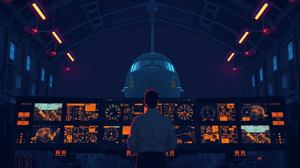 An engineer studies glowing instrument panels in a darkened aircraft hangar, evoking the scrutiny required to verify AI-assisted flight software.