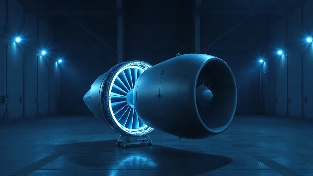 A jet turbine engine encased in an abstract translucent lattice structure inside a dim hangar.