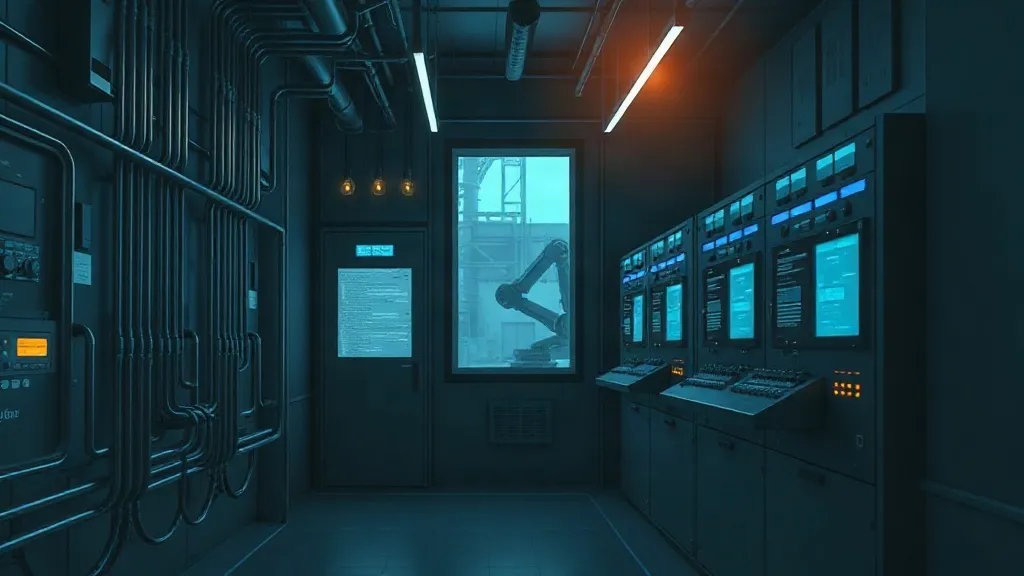 Industrial control room with converging cables and a robotic arm visible on the factory floor beyond, symbolizing the merger of AI sensing and control systems