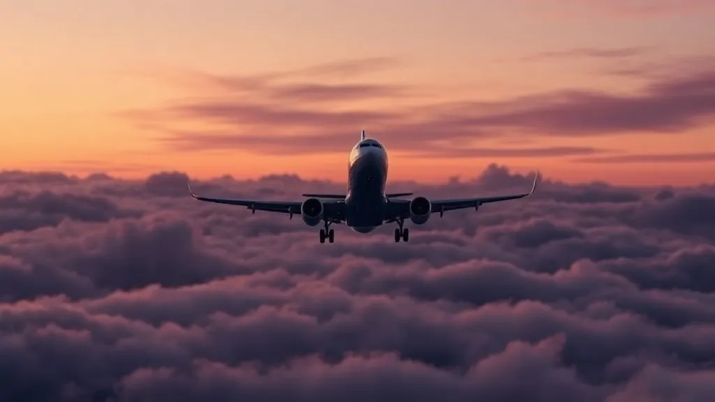 A commercial aircraft descending through clouds at dusk, symbolizing the approach to AI-assisted landing systems.