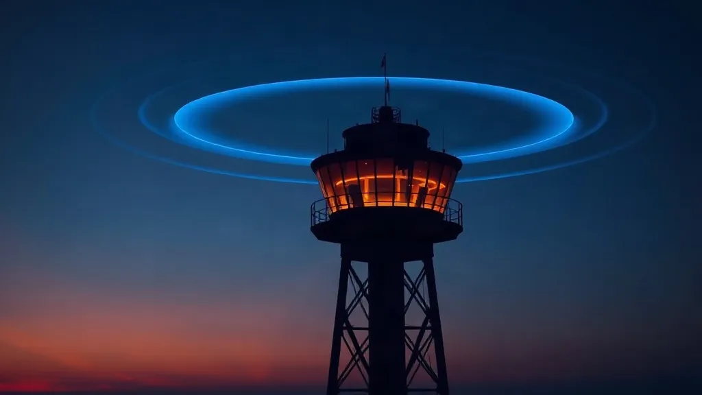 Abstract illustration of a control tower radar sweep rendered as overlapping translucent arcs of light at dusk