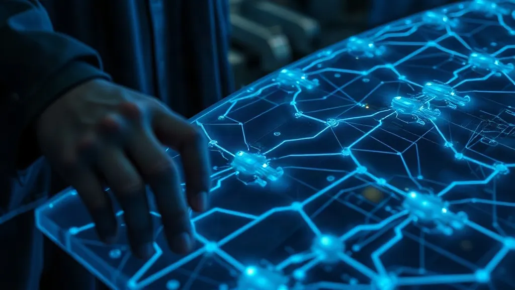An engineer traces glowing circuit-like pathways across a translucent aircraft wing model, symbolizing traceable evidence chains in flight software development.