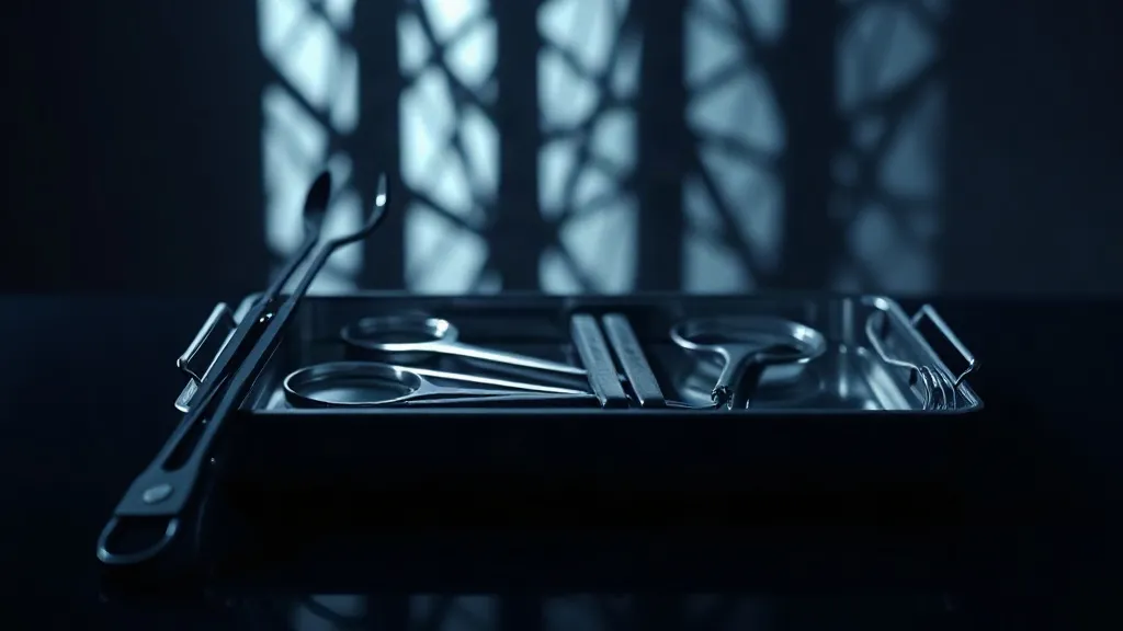 A surgical tray under split lighting, part crisp and part blurred, evoking a medical AI system in continuous change after approval.