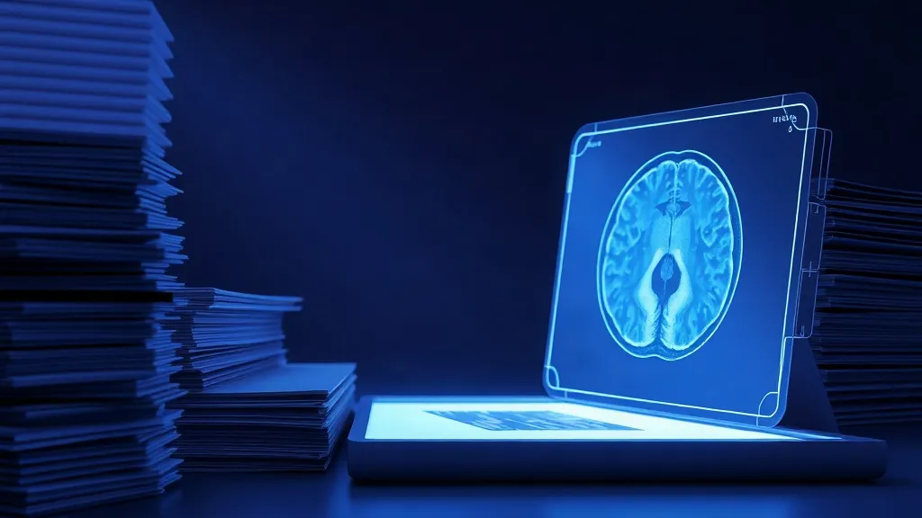 A clinical reading room with a glowing scan beside empty file folders, symbolizing incomplete evidence behind cleared AI medical devices.