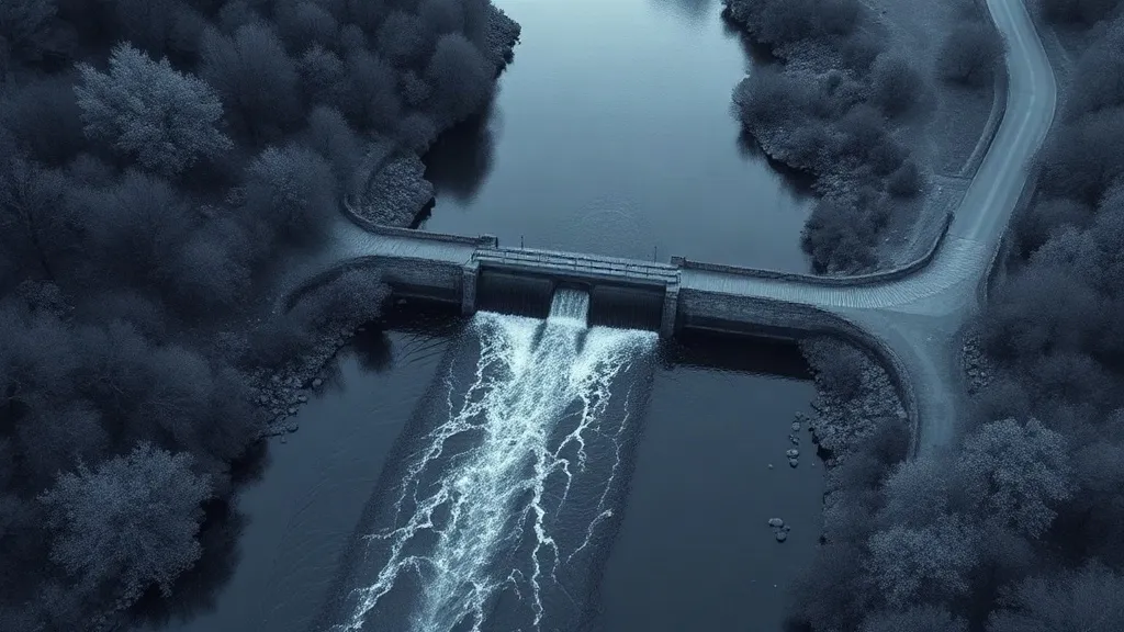 Aerial view of a river dividing into a wide shallow channel and a narrow deep channel at a stone weir.
