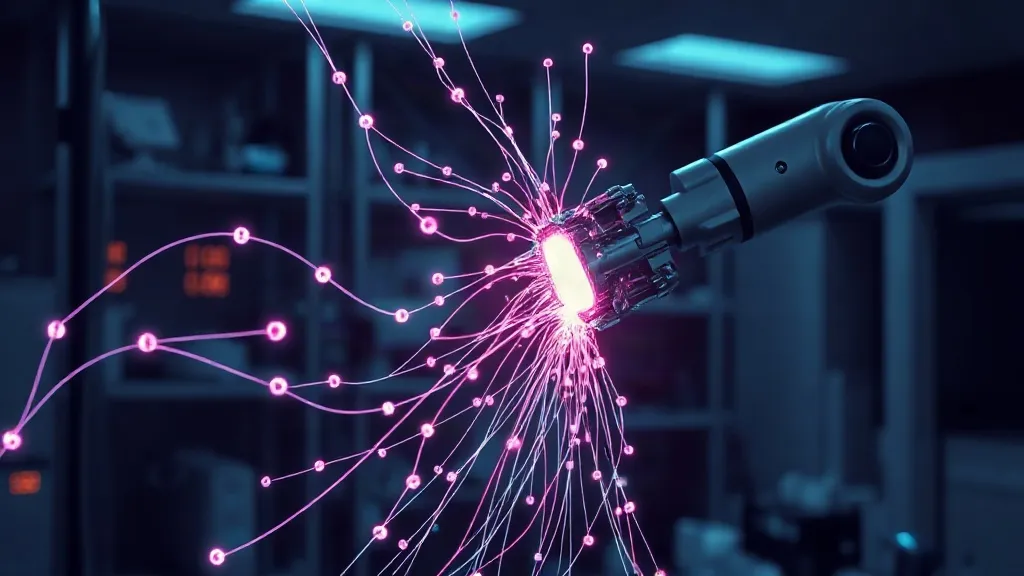 Abstract image of glowing molecular data threads converging into an automated laboratory arm.