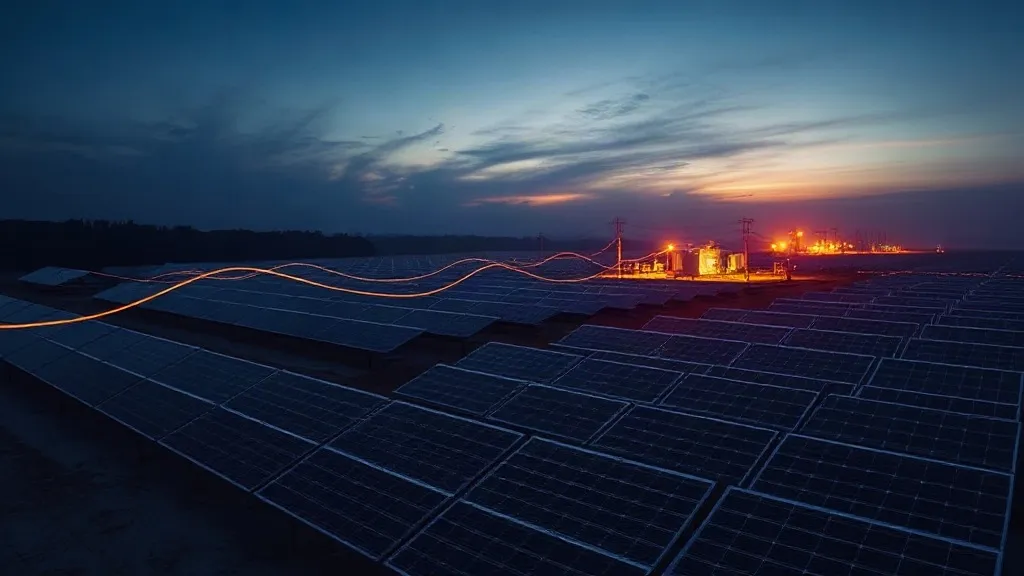 Aerial view of a solar farm at dusk with abstract light trails suggesting data flowing toward a power substation.