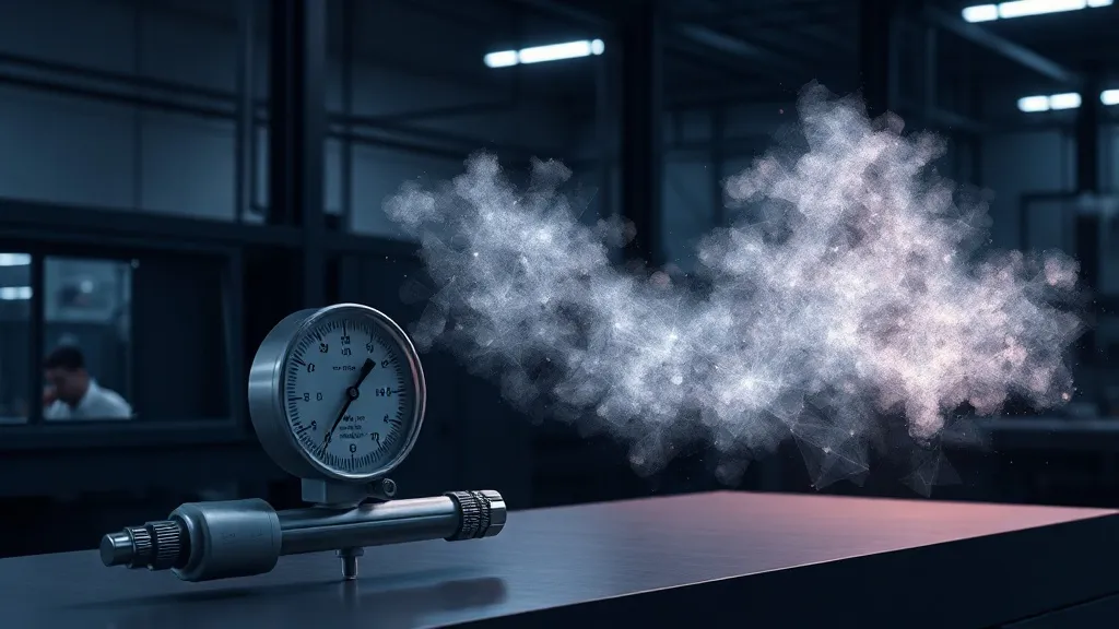A physical calibration gauge sits beside an abstract shifting cloud of light on a factory workbench, symbolizing the gap between instrument drift and model drift.