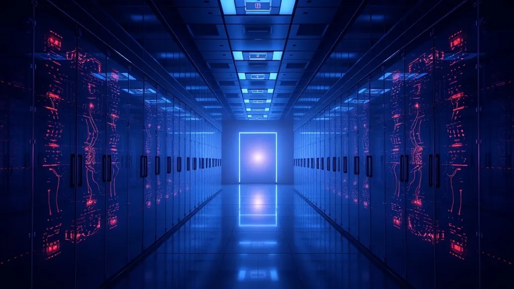 Glowing light trails inside translucent glass panels converge down a laboratory corridor, symbolizing scattered data provenance consolidating toward a single verifiable record.
