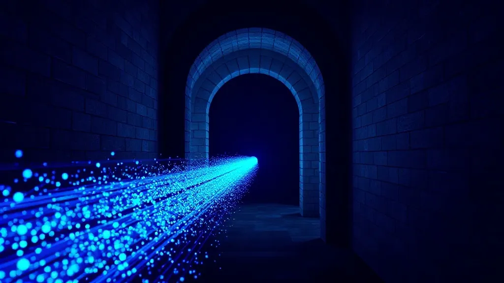 Glowing digital data particles representing AI-driven drug discovery converge on a stone archway symbolizing regulatory evidence requirements.