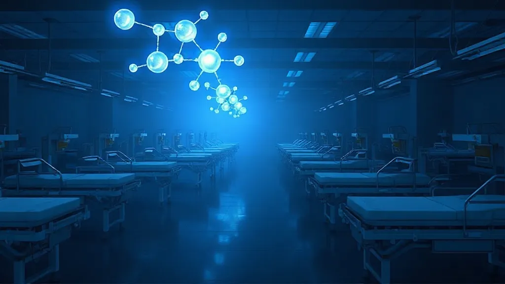 Glowing molecular structures hover above empty hospital gurneys in a dim laboratory, symbolizing the gap between AI-driven discovery and clinical trial execution.