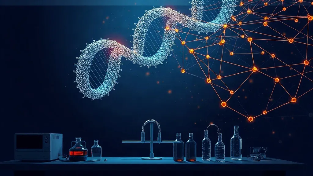 Abstract image of a molecular structure connected by glowing data pathways to laboratory equipment, symbolizing AI-driven drug discovery and data provenance.