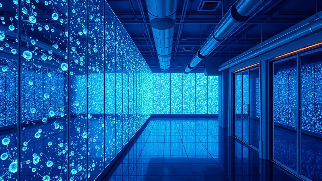Glowing molecular structures multiplying rapidly on one side and funneling through a narrow glass bottleneck on the other, symbolizing the gap between AI drug discovery and clinical trial execution.